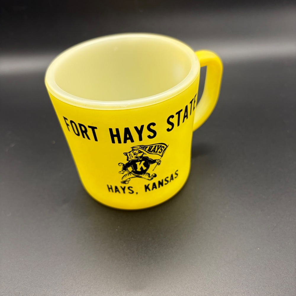 Westfield Heat Proof Yellow Milk Glass Fort Hays State Kansas Mascot Mug